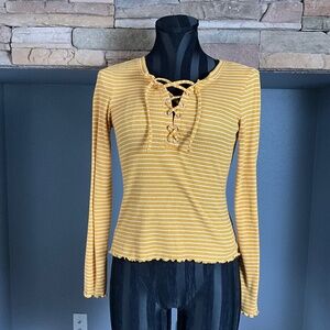 Y2K Preppy Corset Lace Up Long Sleeve T-Shirt Top Retro Yellow White Stripe S